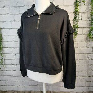 THE VINTAGE SHOP 1/4 ZIP FLEECE PULLOVER COLLARED TOP, BLACK, RUFFLED, SZ LARGE